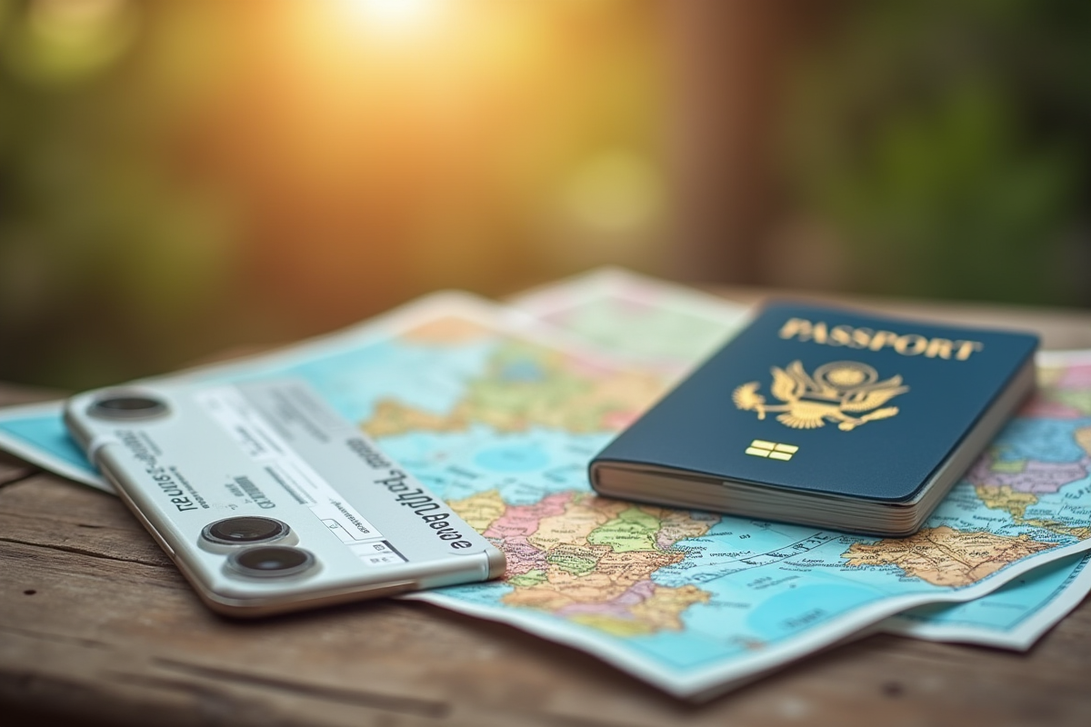 Accessoires de voyage colorés sur une table en bois avec carte et passeport