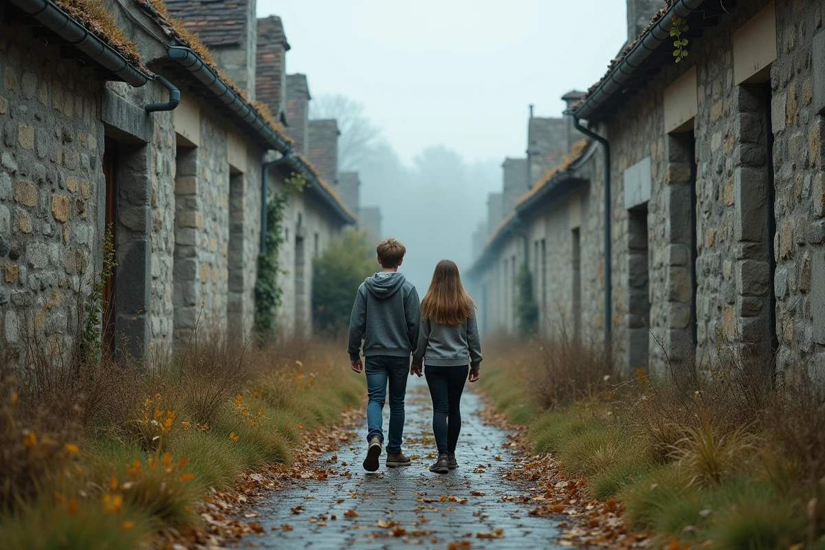 Deux adolescents se promenant dans une ruelle en ruine d'un village abandonné en France entouré de végétation automnale