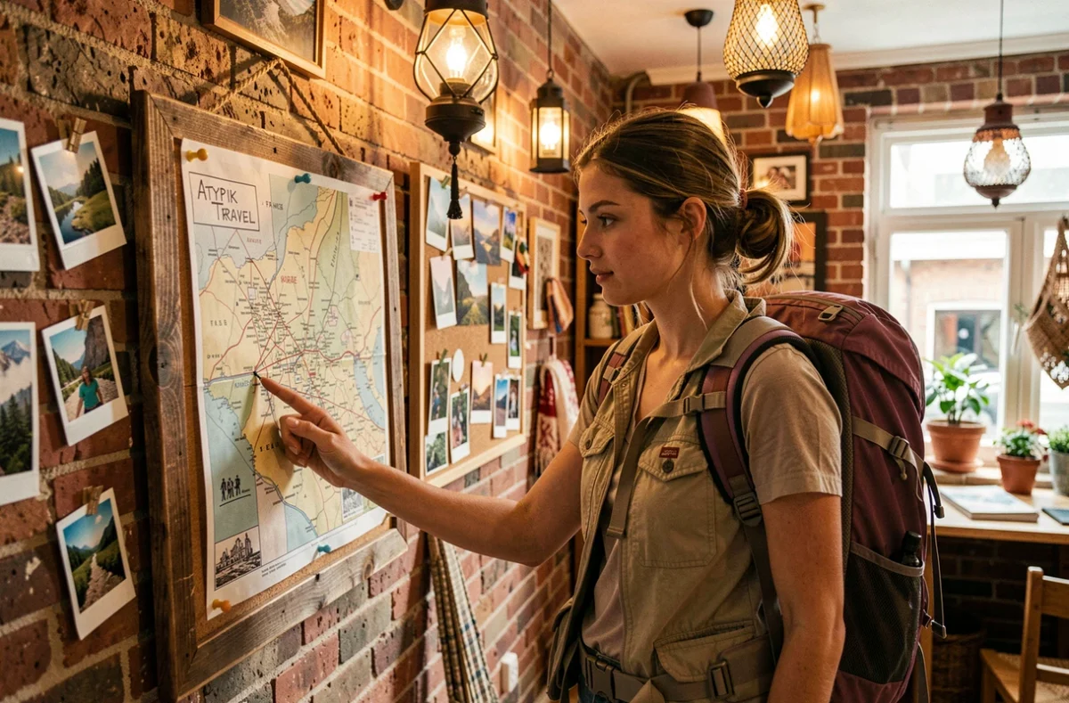 Cliente d'Atypik Travel examinant une carte de voyage artisanale dans un espace bohème aux murs en briques