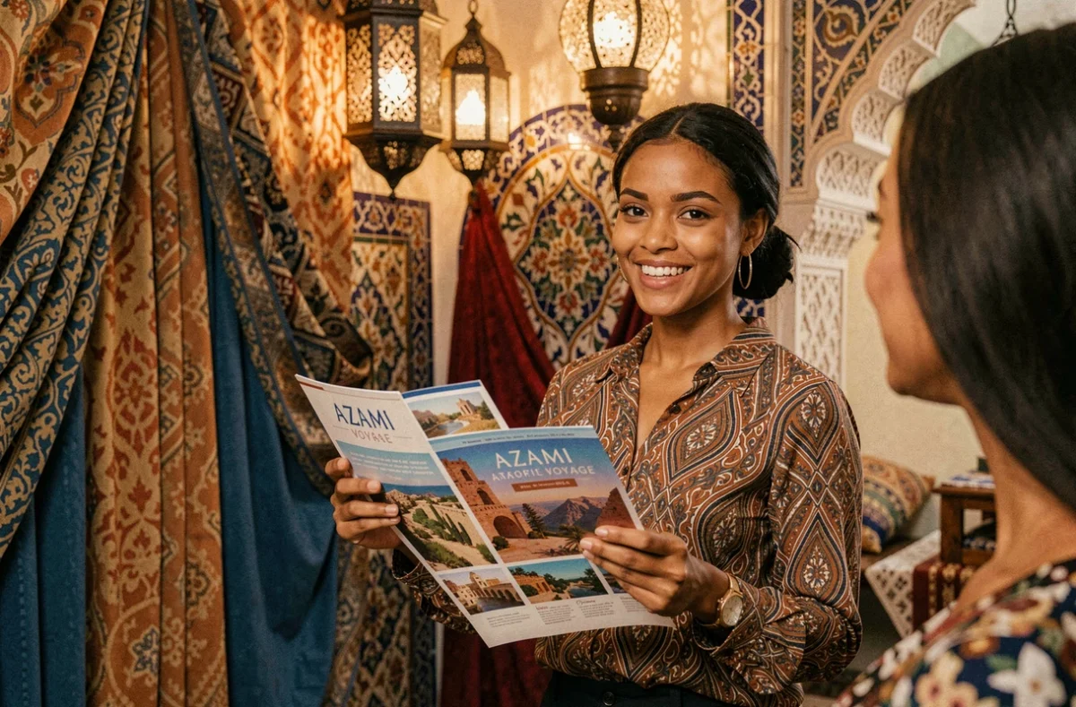 Agente d'Azami Voyage dans un bureau aux décors méditerranéens présentant des brochures Maroc et Tunisie