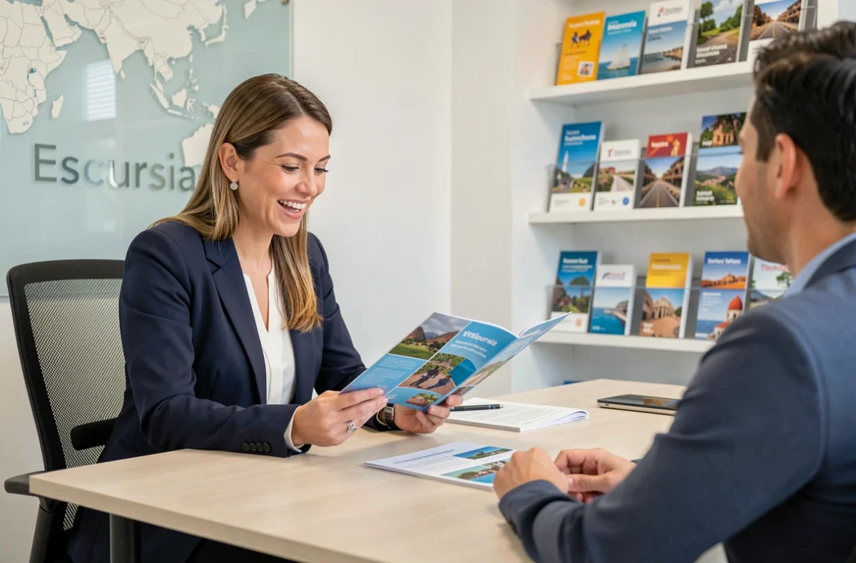 Conseillère de l'agence Escursia en train d'orienter un client autour d'une brochure de voyage dans un bureau moderne