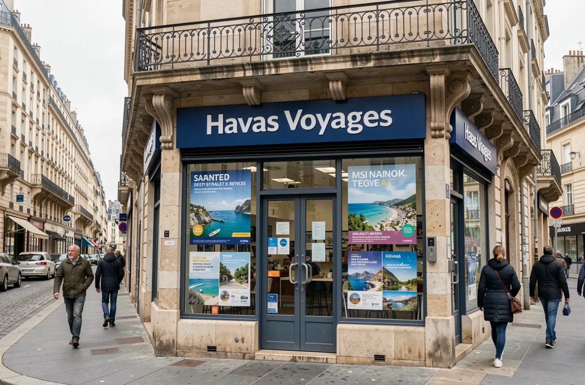 Façade d'une agence Havas Voyages sur une rue commerçante de Nantes avec sa devanture bleue et blanche