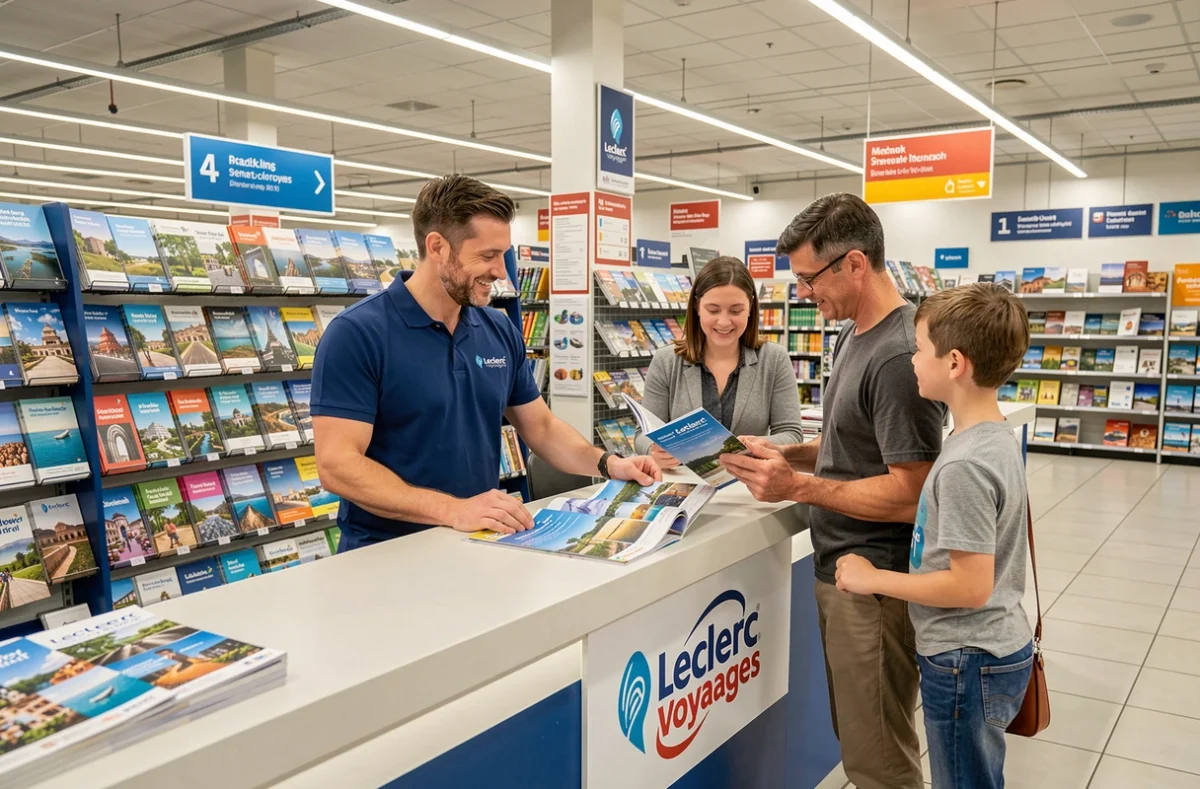 Conseiller Leclerc Voyages aidant une famille au comptoir d'un espace voyage intégré dans un hypermarché