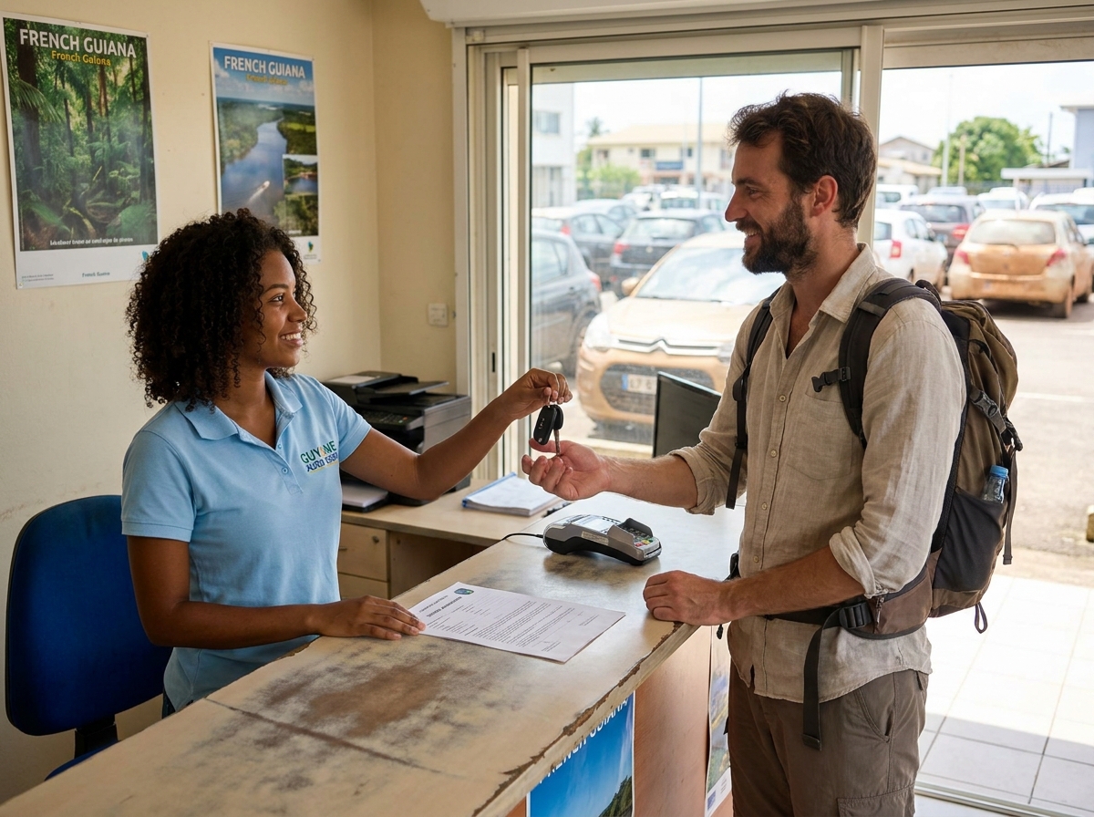 Employée d'une agence de location de voitures à Cayenne remettant les clés à un touriste au comptoir avec des formulaires de contrat