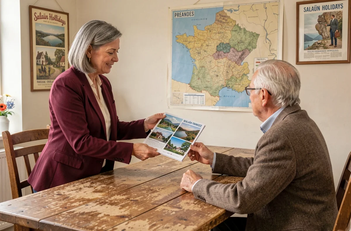 Conseillère de Salaün Holidays présentant un itinéraire à un client dans un bureau au style régional breton