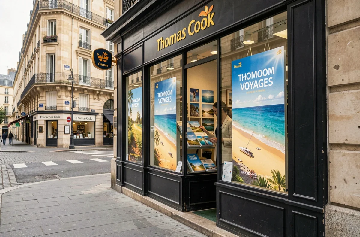 Vitrine de l'agence Thomas Cook Voyages en centre-ville avec affiches de destinations ensoleillées et logo visible