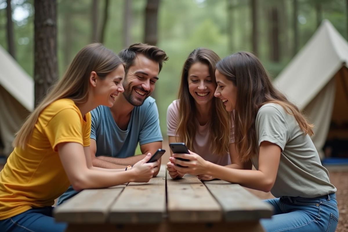 Groupe d'amis en camping lisant un SMS de bonnes vacances ensemble autour d'une table en bois