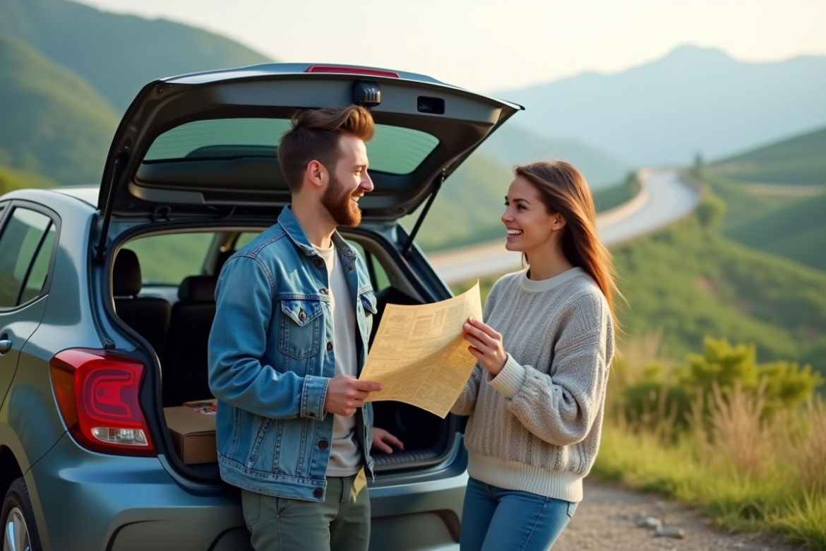 Deux amis rient près d'une voiture en voyage avec paysage