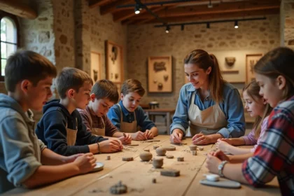 Enfants participant à un atelier archéologique au musée Alésia, encadrés par une animatrice