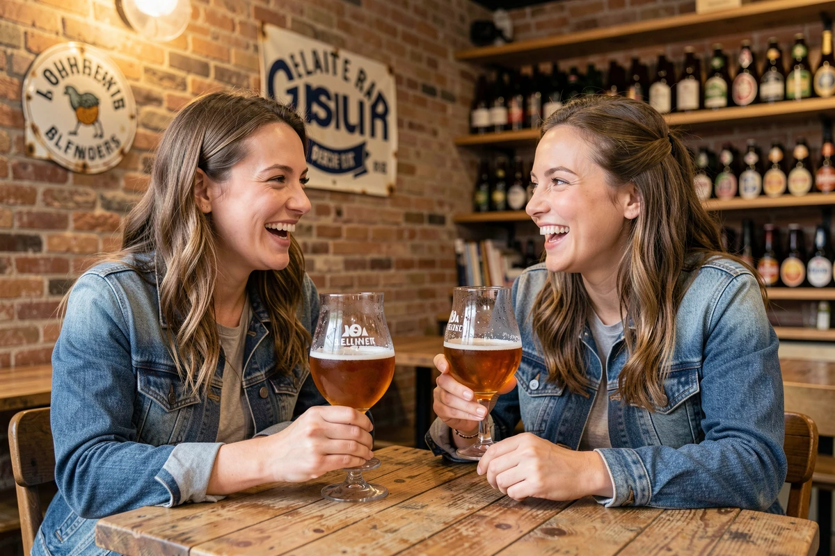Deux femmes dégustant des bières artisanales belges dans un café bruine kroeg typique de Gand