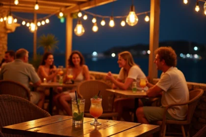 Terrasse animée d'un bar en bord de mer à San Pawl il-Bahar la nuit, avec des clients attablés devant des cocktails et la Méditerranée en arrière-plan