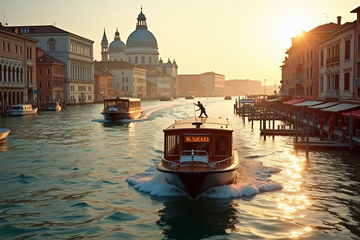 Deux vaporetto traversant le Grand Canal au lever du soleil