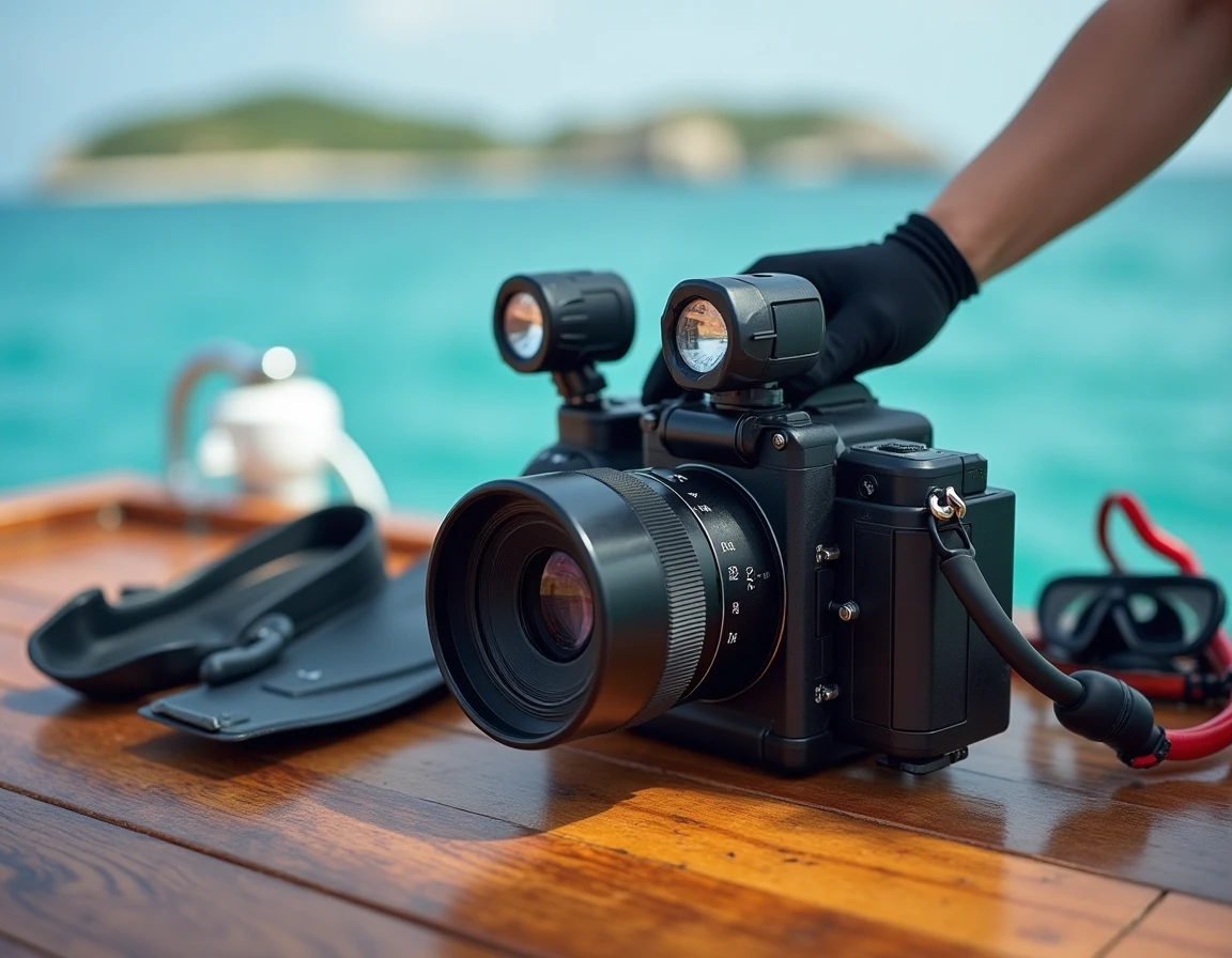 Boîtier photo sous-marin avec double torche vidéo posé sur le pont d'un bateau de plongée avec équipement de plongée autour