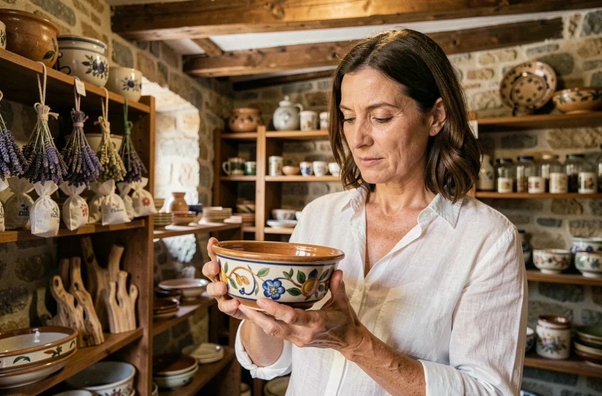 Femme dans une boutique artisanale d'Eze examinant une céramique provençale peinte à la main