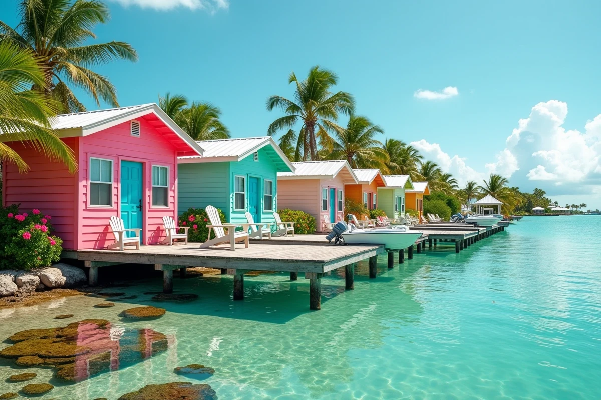Bungalows colorés en bord de mer avec docks privés et bateaux au Coral Lagoon Resort de Marathon, Floride