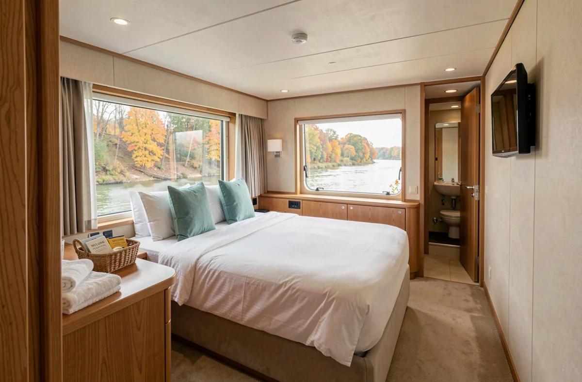 Cabine moderne et confortable d'un bateau de croisière fluviale tout compris