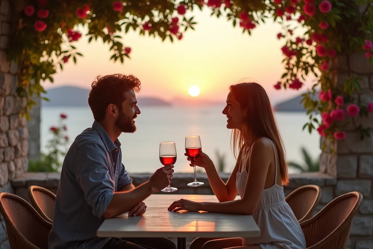Jeune couple souriant au café avec vue sur le coucher de soleil