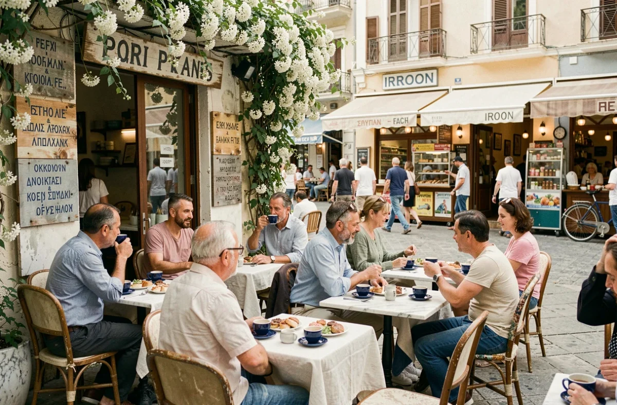Terrasse de café animée sur la place Iroon dans le quartier de Psiri à Athènes avec clients sirotant un café grec