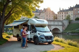 Camping-car garé sur une aire dédiée à Montauban avec vue sur le Pont-Vieux et le Tarn en arrière-plan