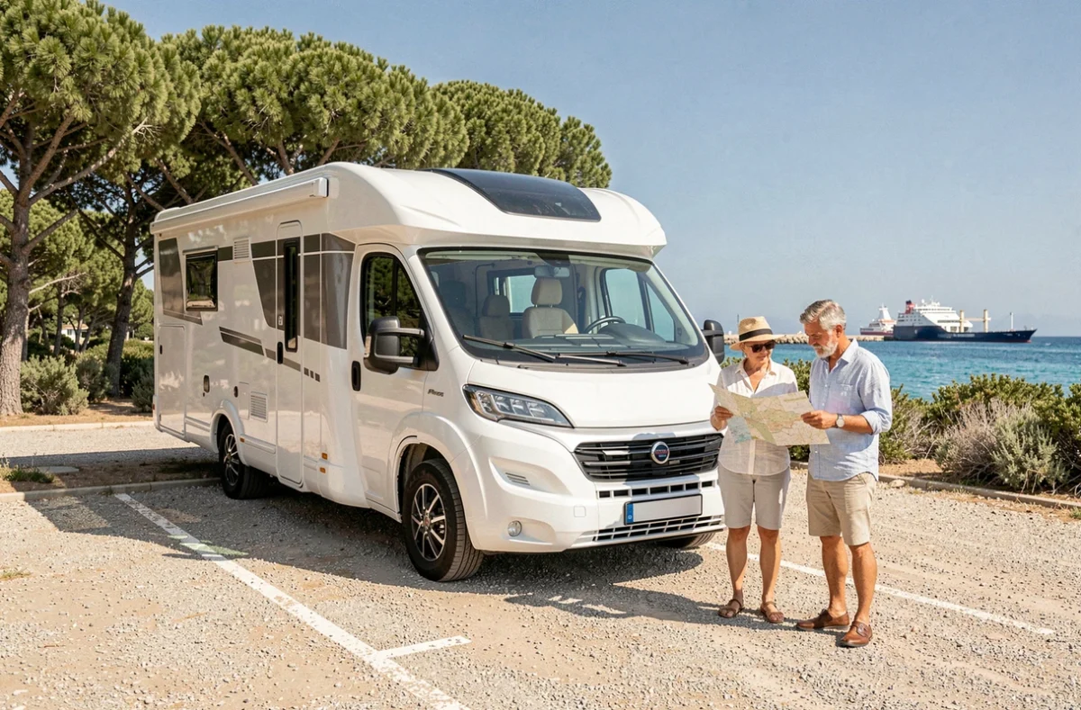 Camping-car blanc garé dans un parking près de l'embarcadère de Porquerolles avec un couple consultant une carte