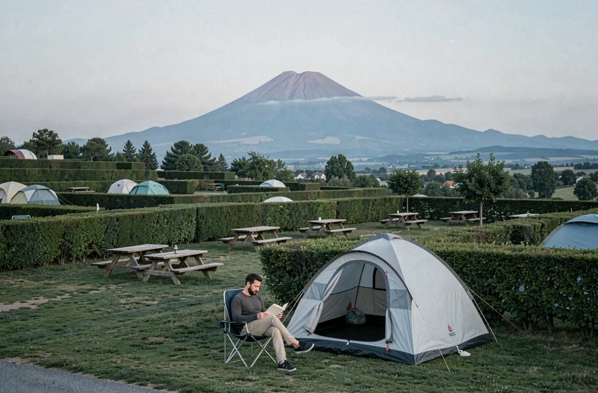 Campeur se relaxant au Camping Chanset à Ceyrat avec une vue sur la Chaîne des Puys et le Puy de Dôme en arrière-plan