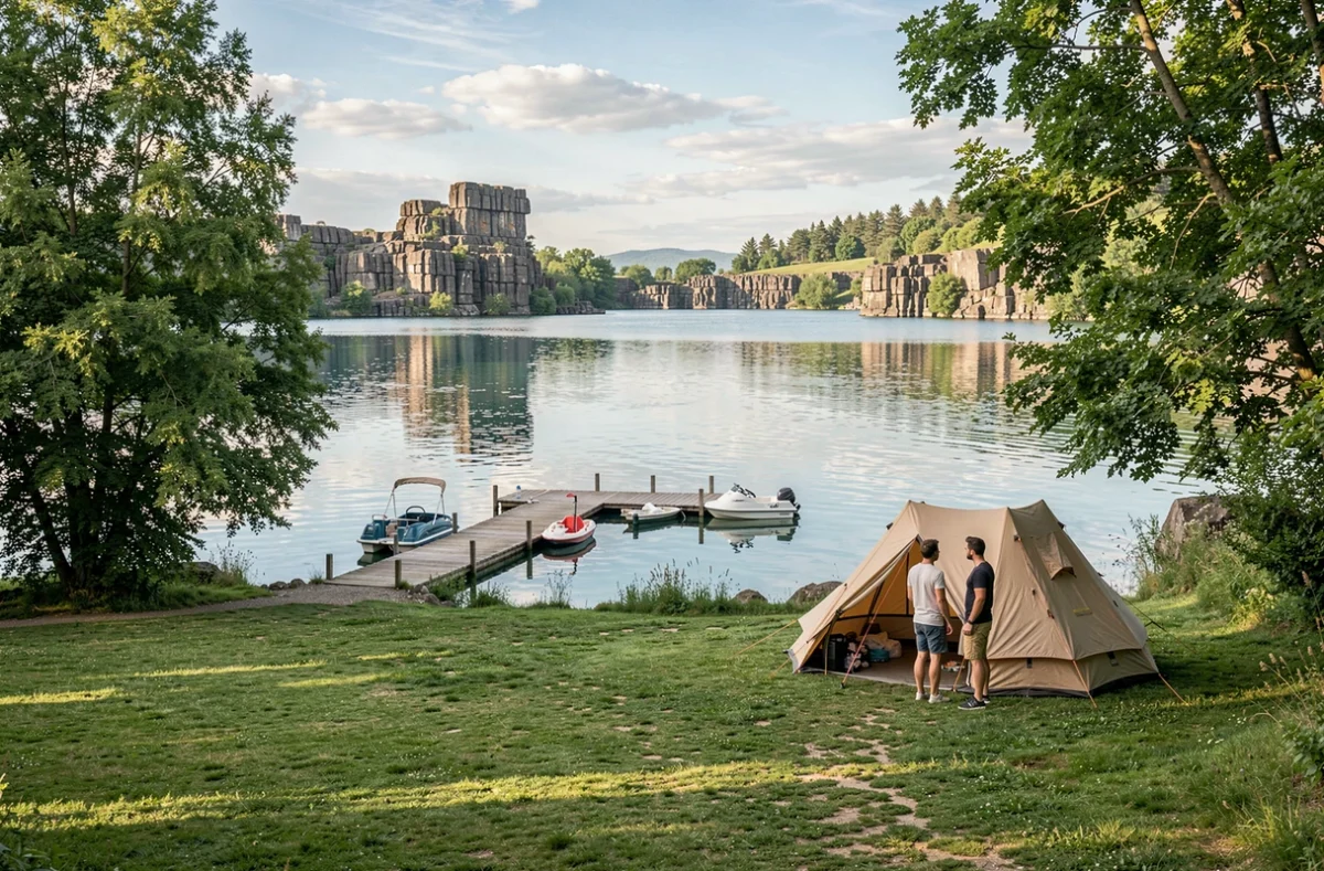 Vue du camping Domaine du Lac de Chambon à Murol avec tentes installées au bord du lac volcanique et pédalos amarrés