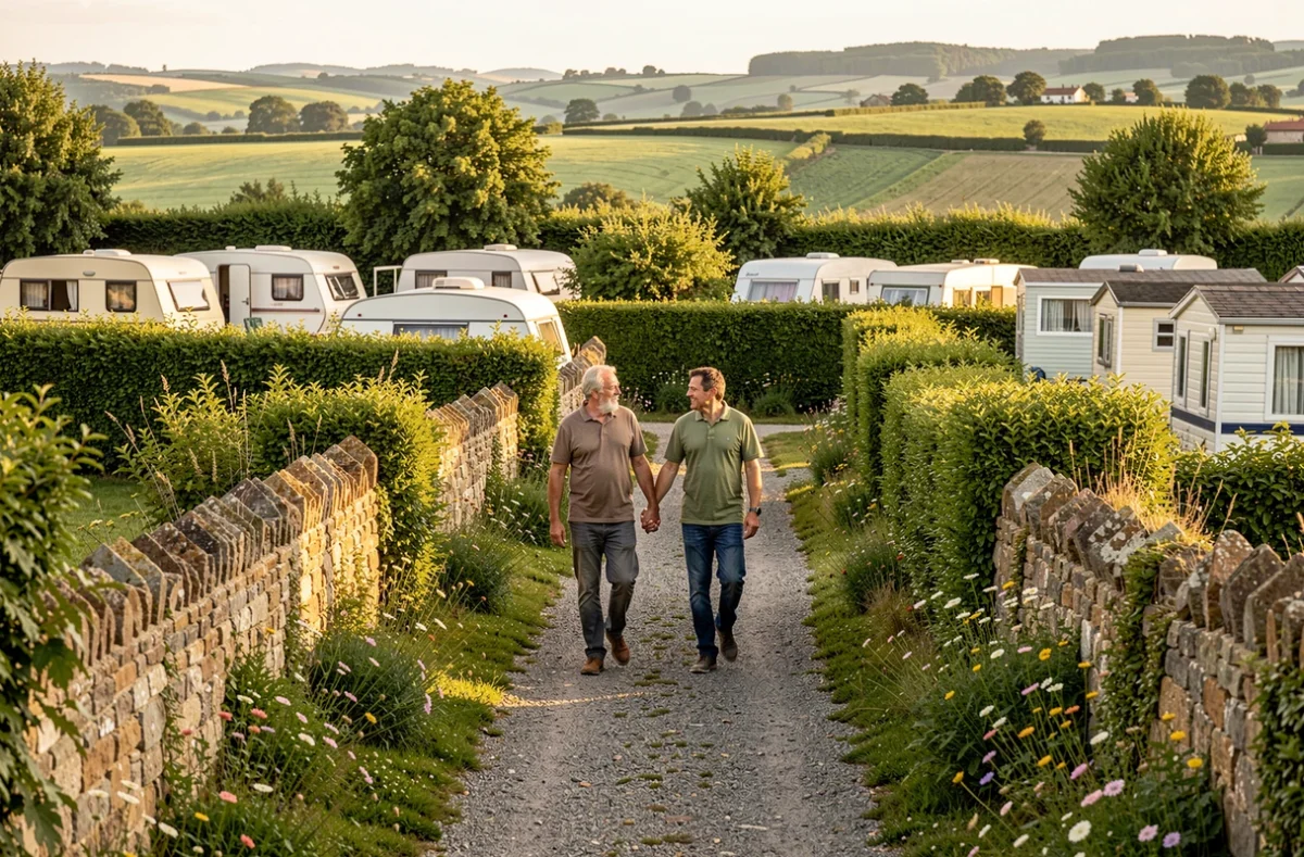 Couple se promenant dans les allées ombragées du Camping du Colombier à Loubeyrat entouré de haies bocagères auvergnates