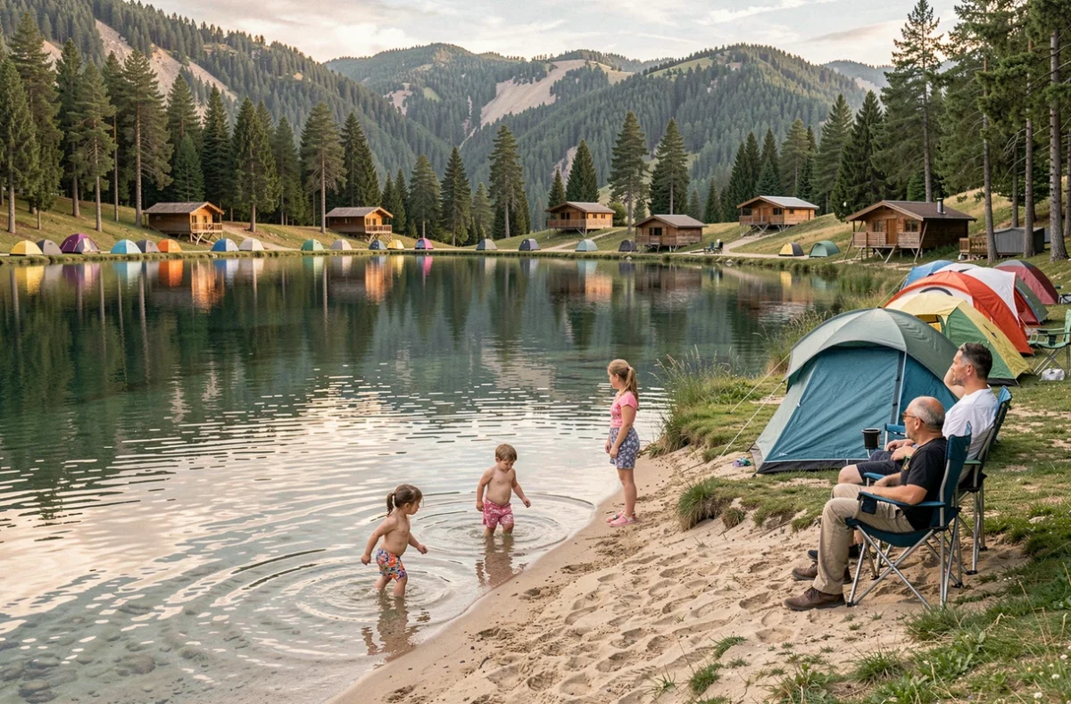 Famille profitant de la plage du Camping du Lac d'Aydat avec des tentes et bungalows installés sous les pins au bord du lac volcanique