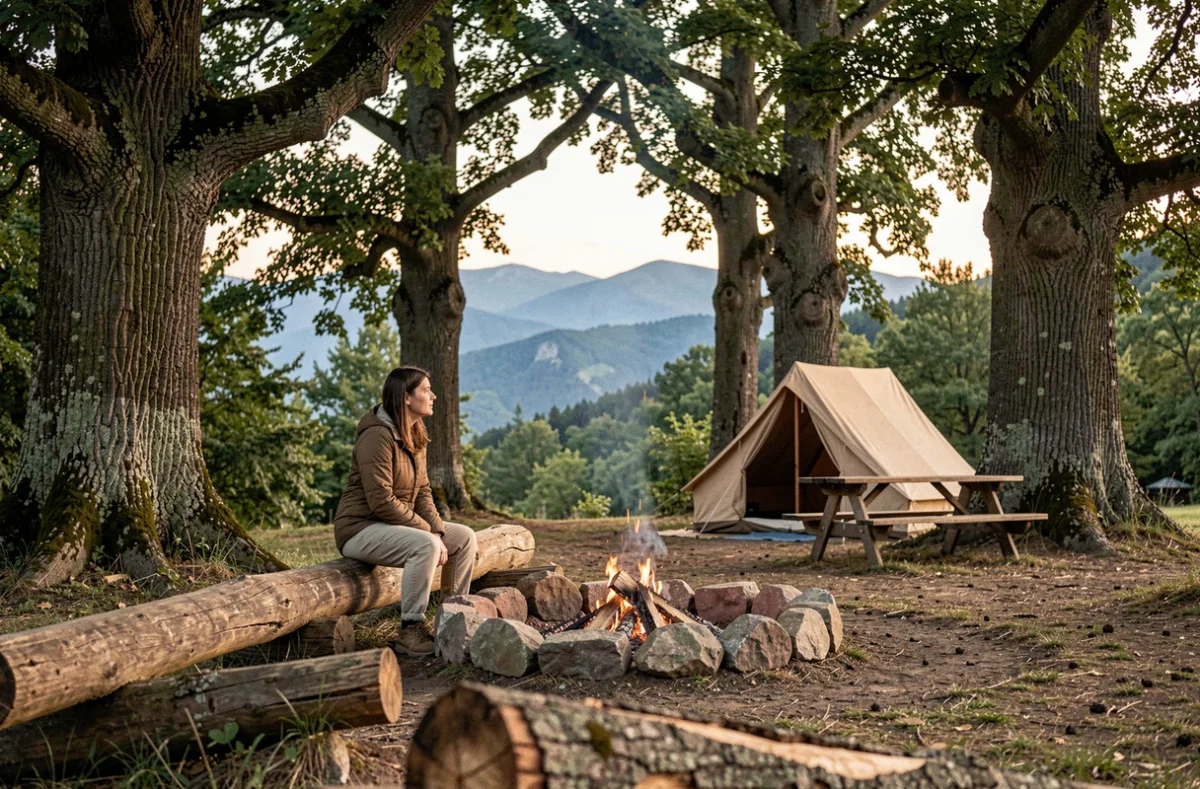 Campeur assis près d'un foyer en pierres au Camping Le Montbartoux à Vollore-Ville entouré des forêts de chênes du Livradois