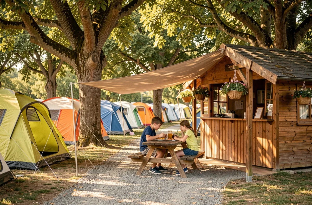 Famille déjeunant sous un auvent au Camping Paradis Les Chanterelles à Saint-Rémy-sur-Durolle avec des tentes colorées en arrière-plan
