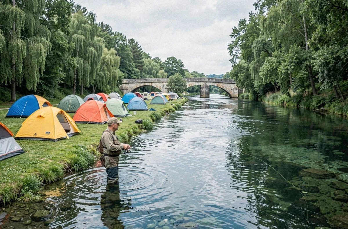 Pêcheur à la mouche dans la Sioule au Camping du Pont de Saint-Gal avec le vieux pont en pierre et des tentes sur la rive verdoyante