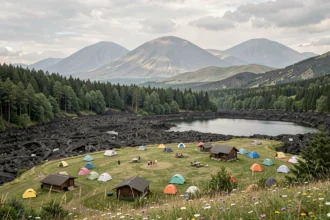 Vue panoramique d'un camping en Auvergne avec des tentes colorées dans un paysage volcanique verdoyant du Puy-de-Dôme