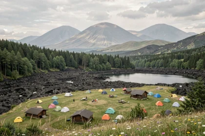 Vue panoramique d'un camping en Auvergne avec des tentes colorées dans un paysage volcanique verdoyant du Puy-de-Dôme