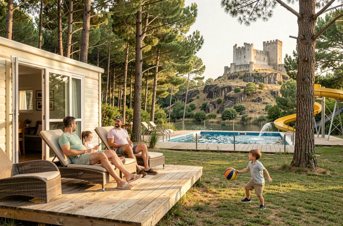 Famille se relaxant sur la terrasse d'un mobile home au camping Sunélia La Ribeyre à Murol avec le château visible en arrière-plan