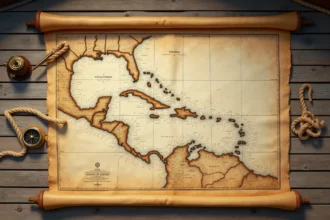 Carte nautique détaillée de la mer des Caraïbes étalée sur un pont de bateau en bois avec boussole et cordage