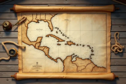 Carte nautique détaillée de la mer des Caraïbes étalée sur un pont de bateau en bois avec boussole et cordage