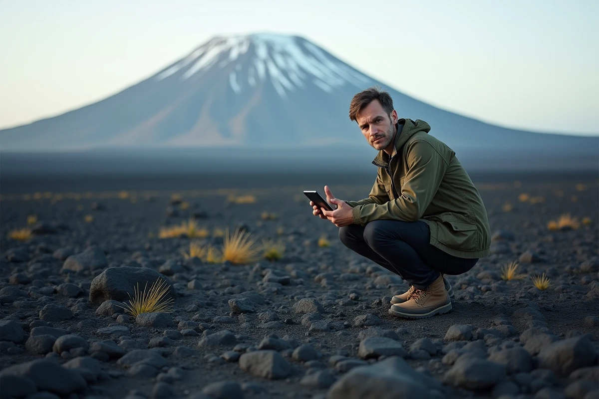 Randonneur consultant une carte numérique des volcans sur une plaine de lave de l'Etna en Sicile