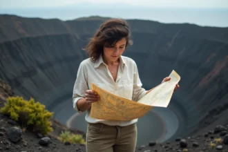 Randonneuse consultant une carte topographique au bord d'un cratère volcanique en Sicile, Italie