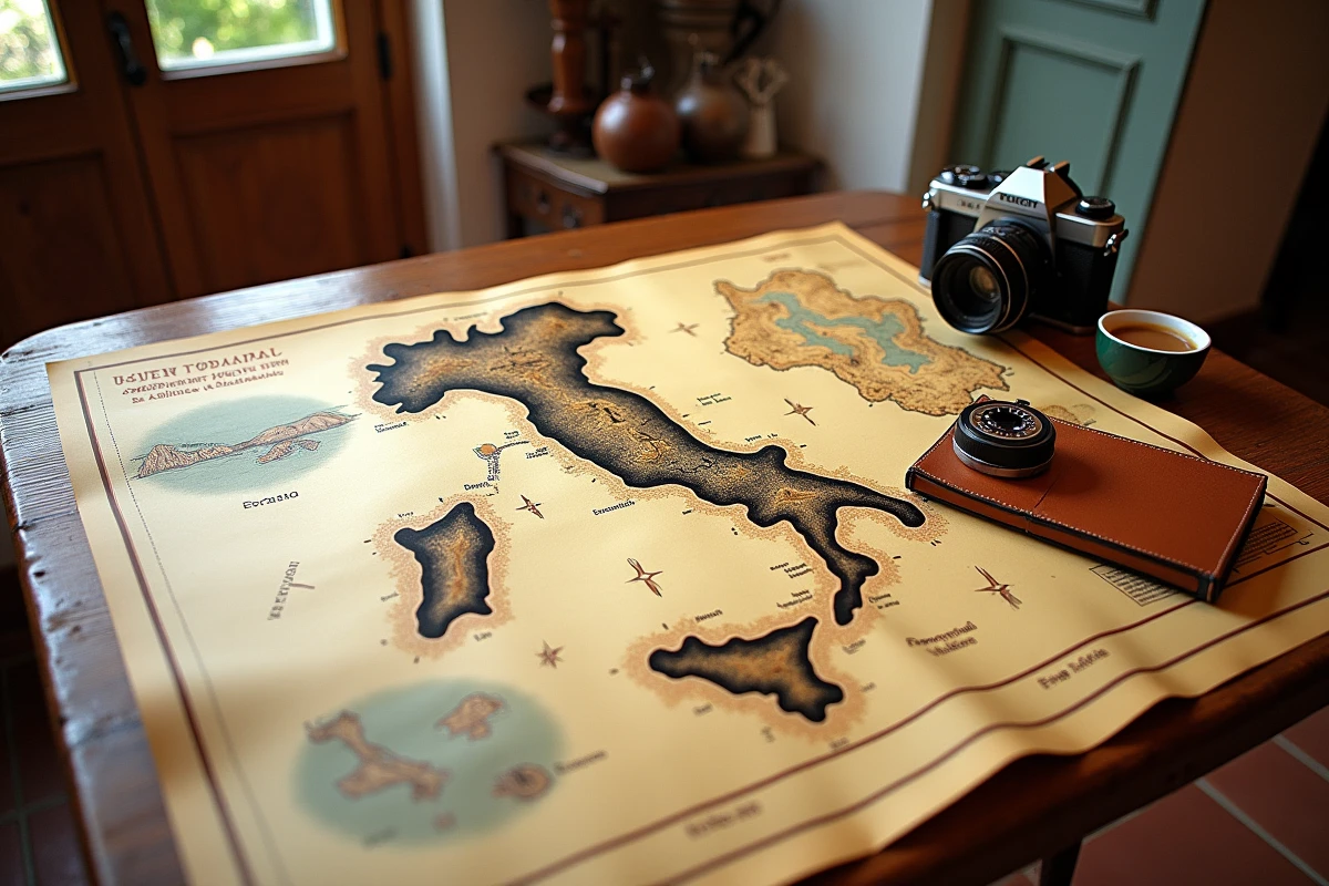 Carte illustrée des volcans italiens dépliée sur une table en bois dans une trattoria italienne