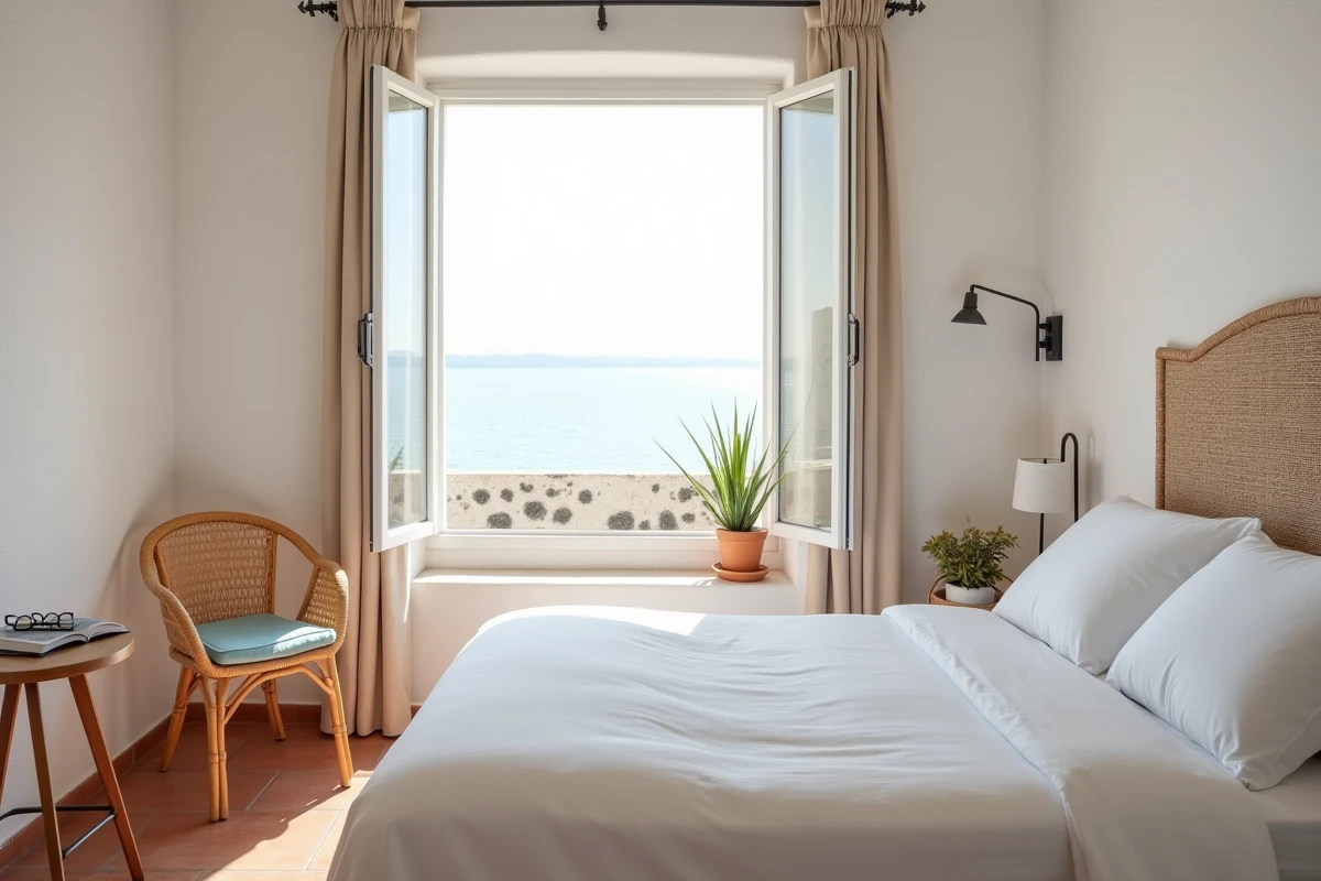 Chambre simple et propre dans une pension méditerranéenne abordable avec vue sur la mer