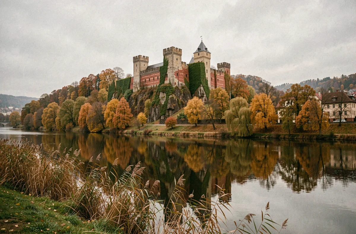 Vue panoramique du château de Heidelberg en automne reflété dans le Neckar avec les ruines en grès rouge entourées de feuillages dorés