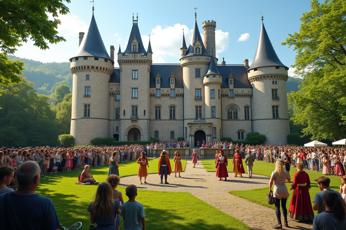 Château médiéval avec acteurs en costumes dans un jardin en plein jour