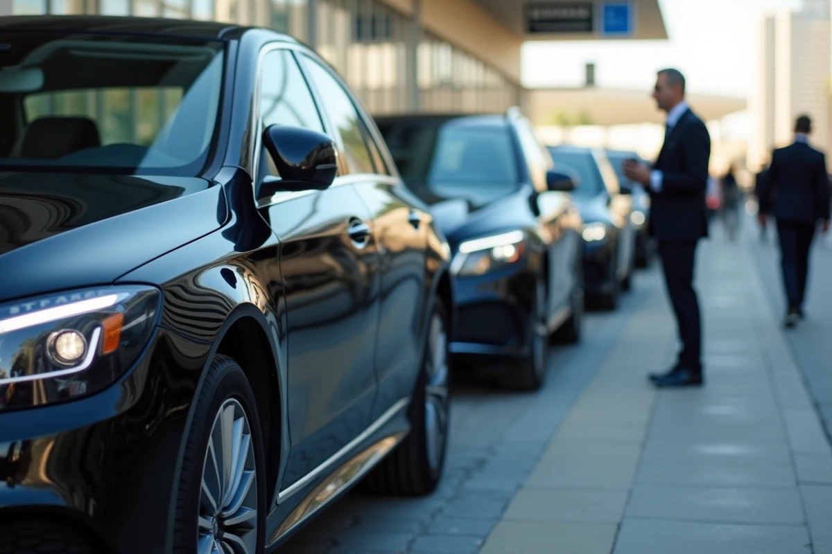 Chauffeur professionnel en costume tenant un panneau d'accueil devant une berline noire dans la zone de transfert privé de l'aéroport de Madrid