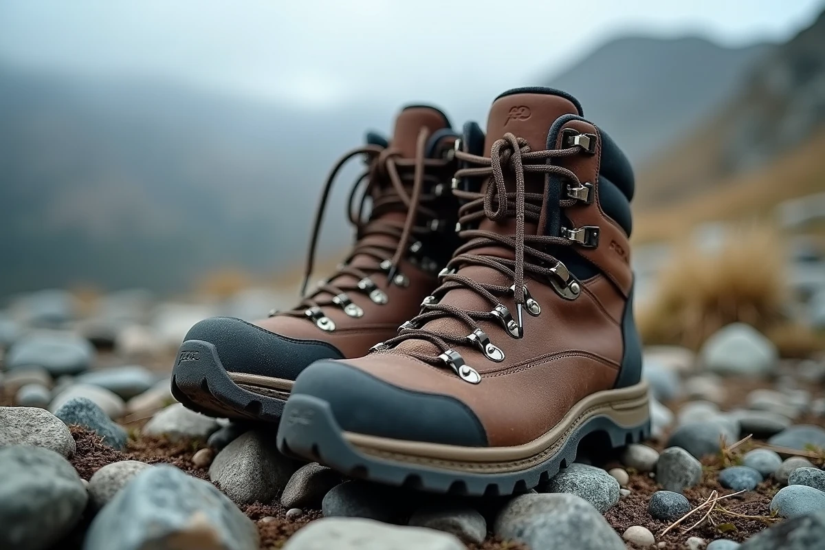 Gros plan sur des chaussures de randonnée usées posées sur le pierrier du GR20, symbolisant l'exigence physique du sentier corse