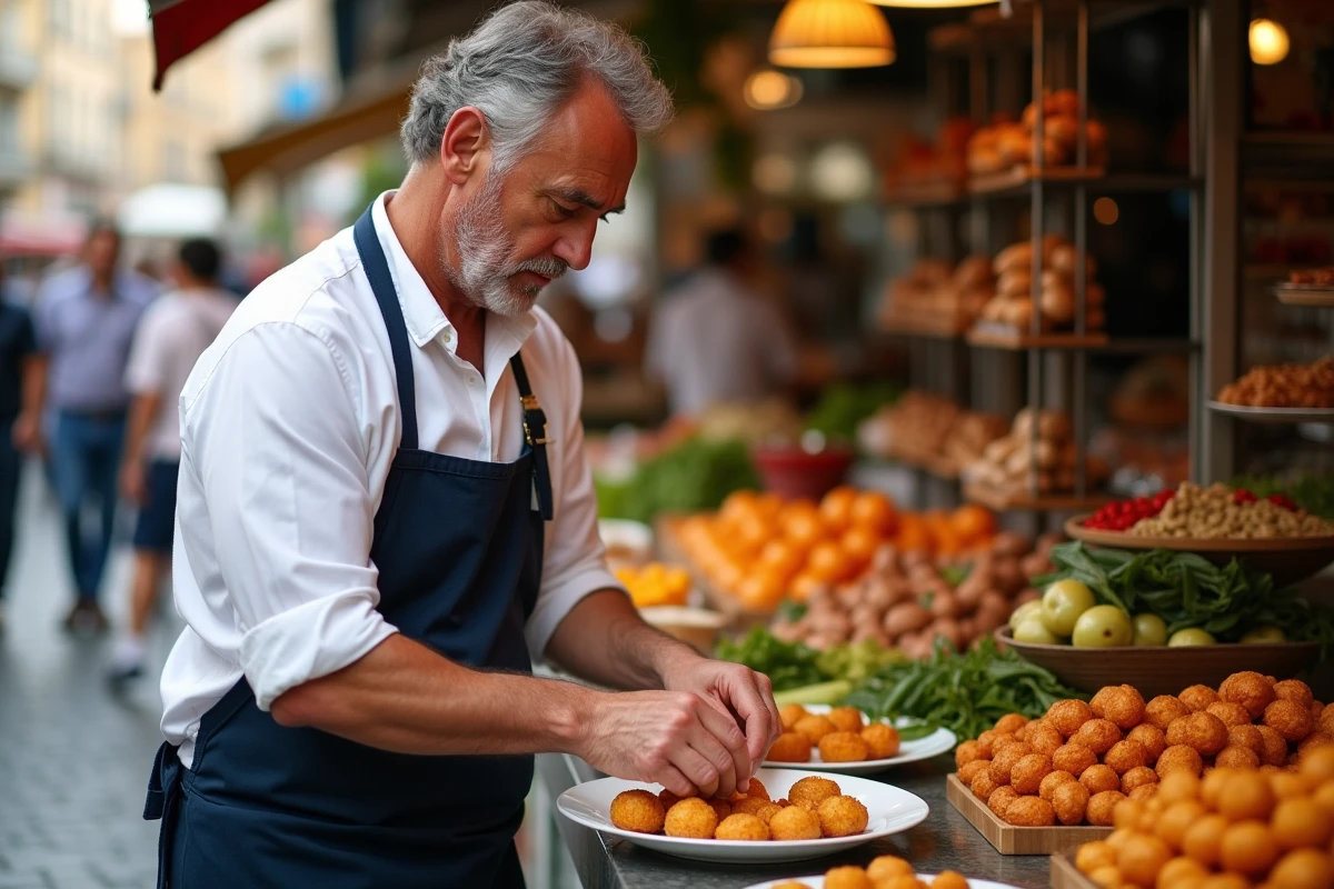 Chef sicilien en train de préparer des arancini dans un marché à Palermo