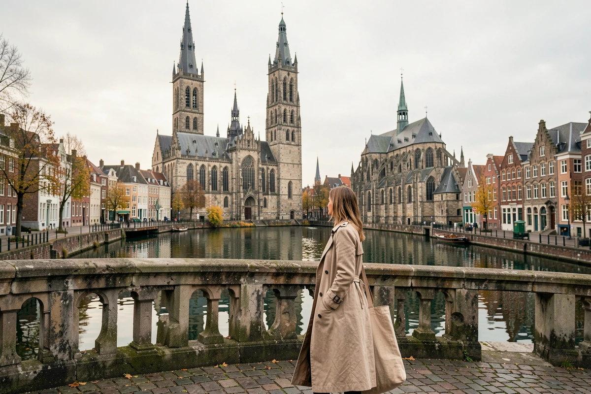 Femme sur le pont Sint-Michielsbrug à Gand avec vue sur les trois tours emblématiques et les quais du Graslei