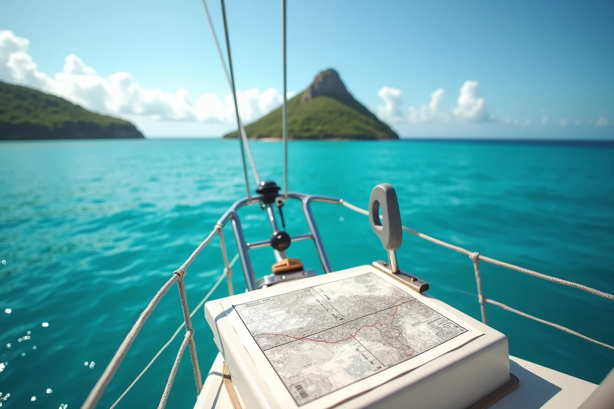 Vue depuis le cockpit d'un voilier avec carte de navigation et deux îles des Caraïbes à l'horizon