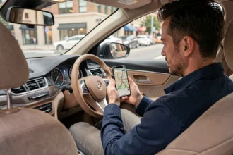 Conducteur consultant l'application Fr Mappy sur smartphone monté dans une voiture pour planifier un itinéraire routier