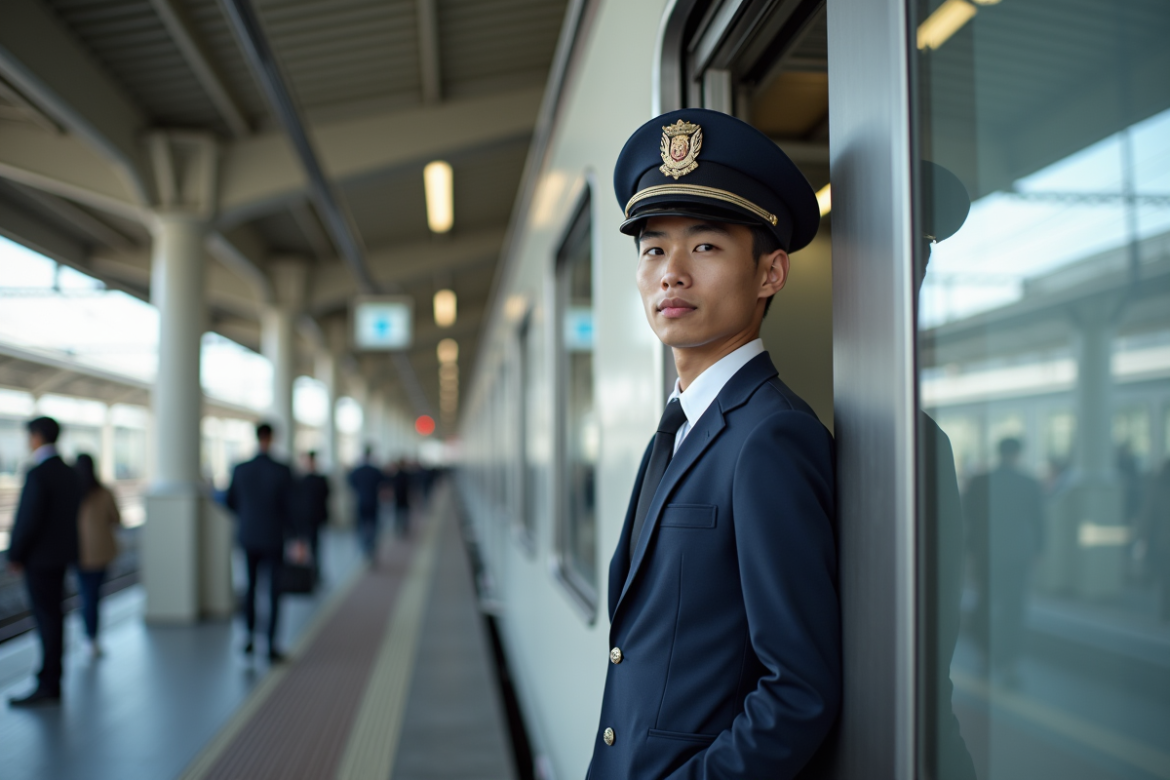 Jeune conducteur japonais en uniforme dans un train moderne
