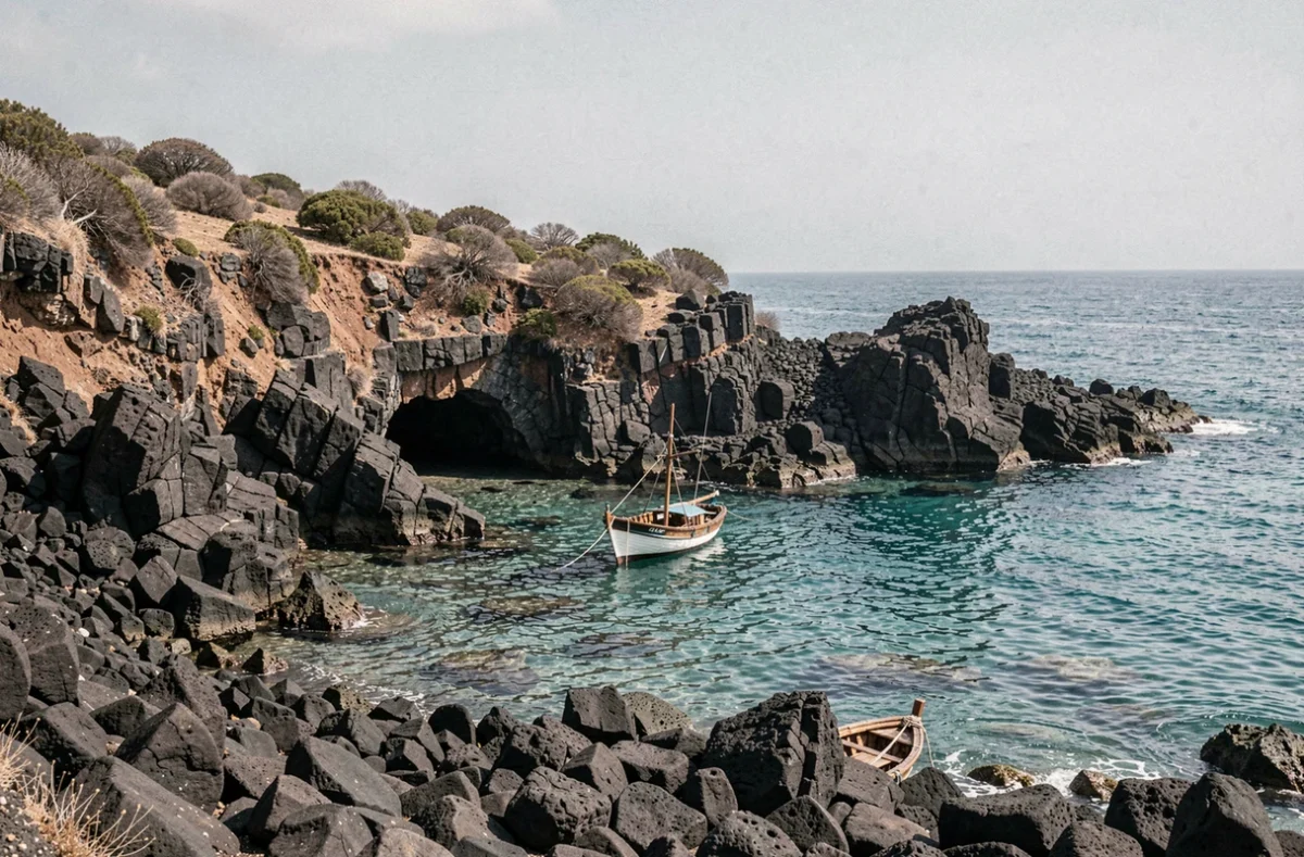 Côte volcanique des îles Éoliennes avec rochers basaltiques noirs et eau turquoise cristalline